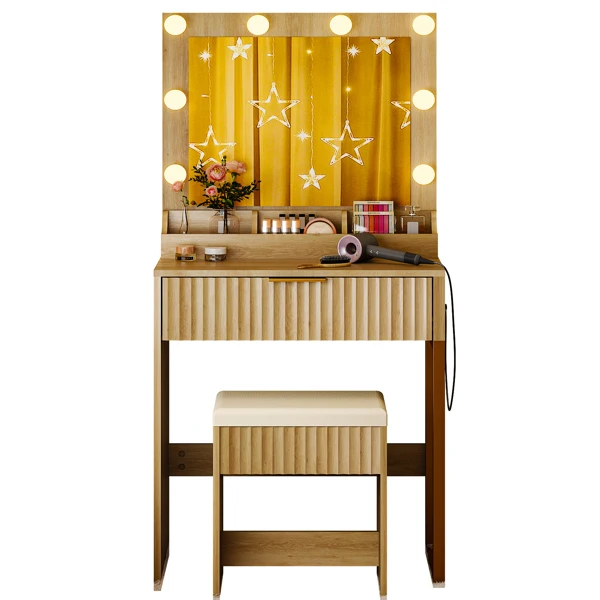 Oak-colored particleboard with a textured melamine veneer, 1 drawer with 3 compartments, dressing table set, includes 8 tri-color dimmer light bulbs, power strip, grille series view 2