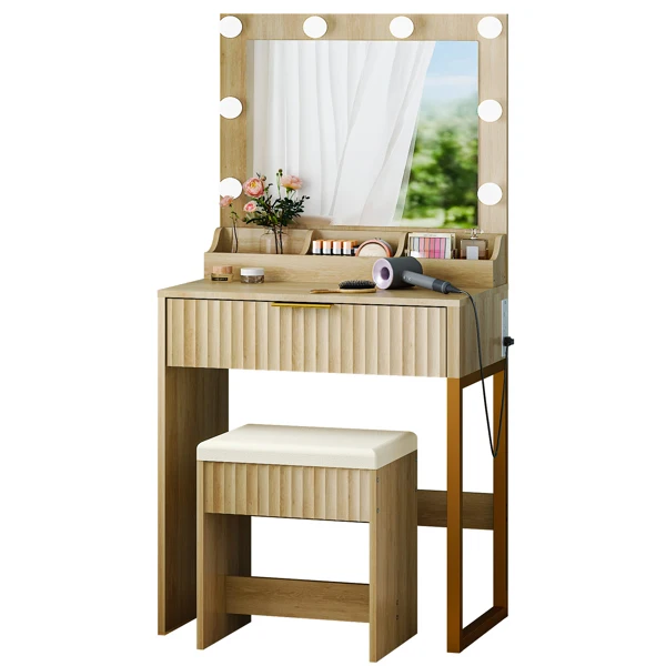 Oak-colored particleboard with a textured melamine veneer, 1 drawer with 3 compartments, dressing table set, includes 8 tri-color dimmer light bulbs, power strip, grille series view 3