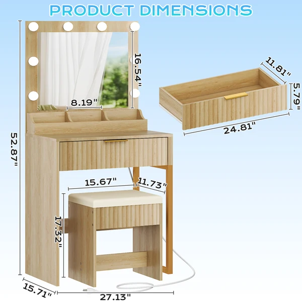 Oak-colored particleboard with a textured melamine veneer, 1 drawer with 3 compartments, dressing table set, includes 8 tri-color dimmer light bulbs, power strip, grille series view 4