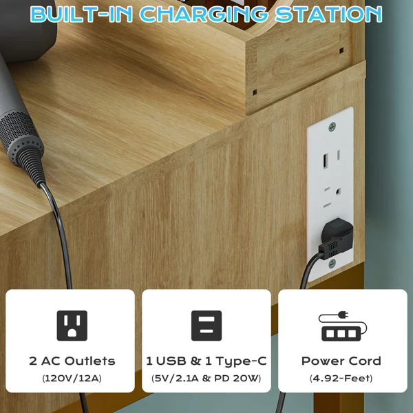 Oak-colored particleboard with a textured melamine veneer, 1 drawer with 3 compartments, dressing table set, includes 8 tri-color dimmer light bulbs, power strip, grille series view 5