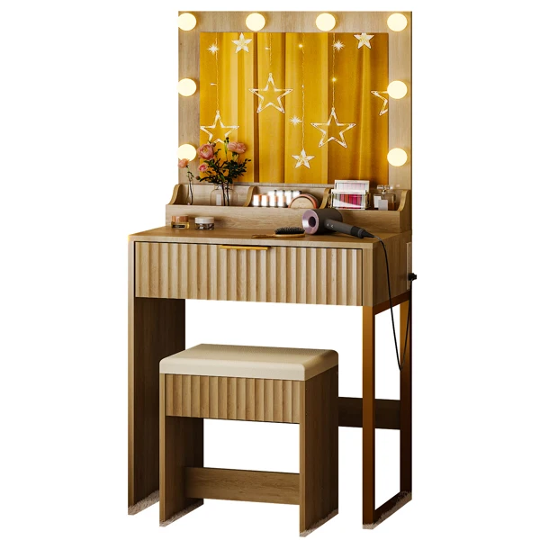 Oak-colored particleboard with a textured melamine veneer, 1 drawer with 3 compartments, dressing table set, includes 8 tri-color dimmer light bulbs, power strip, grille series view 6