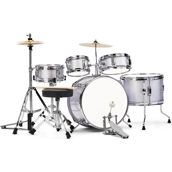 14"x10" 5-Pieces Junior Kids Drum Set Kit Pedal Drum Stick Wrench Drum Stool Silver view 5