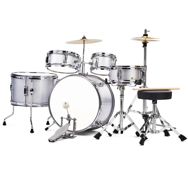 14"x10" 5-Pieces Junior Kids Drum Set Kit Pedal Drum Stick Wrench Drum Stool Silver view 6