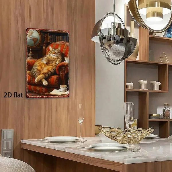 CIFbuy Vintage Cat In Armchair Metal Wall Art, 8x" Inch Rustic Iron Hanging Decor With Bookshelf & Teacup, Teacup, 2D Flat Retro Home Wall Sig view 2