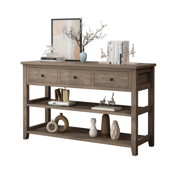Console Table with Wood Frame and Legs, Sofa Table Entryway Table with 3 Drawers and 2 Open Shelves Wash Gray view 4