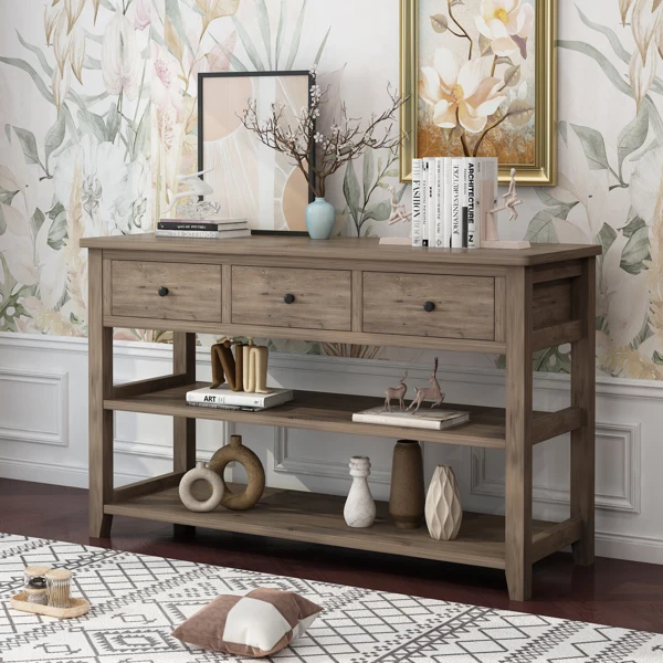 Console Table with Wood Frame and Legs, Sofa Table Entryway Table with 3 Drawers and 2 Open Shelves Wash Gray view 5