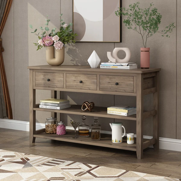Console Table with Wood Frame and Legs, Sofa Table Entryway Table with 3 Drawers and 2 Open Shelves Wash Gray view 6