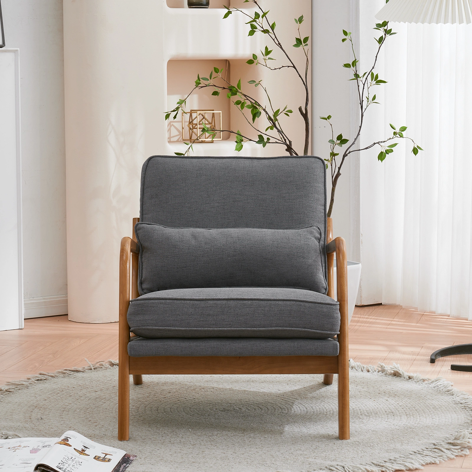 Dark Grey Oak Armrest Upholstered Single Lounge Chair, Indoor Accent Chair view 27