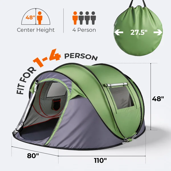 4 Person Pop Up Tent for Camping, Waterproof Instant Family Tent with Front Awning, Automatic Tent Throw Pop Up Instant Flip Pop Tent for Camping, Green view 5