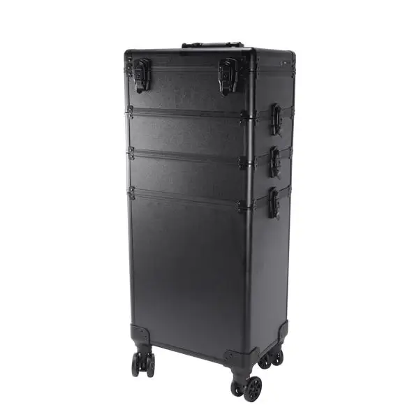 4-in-1 Draw-bar Style Interchangeable Aluminum Rolling Makeup Case-BLACK