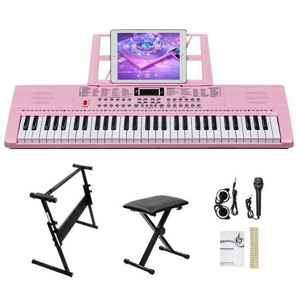 GEP-110 61 Key Keyboard with Piano Stand, Piano Bench, Built In Speakers, Headphone, Microphone, Music Rest, LED Screen, 3 Teaching Modes for Beginners