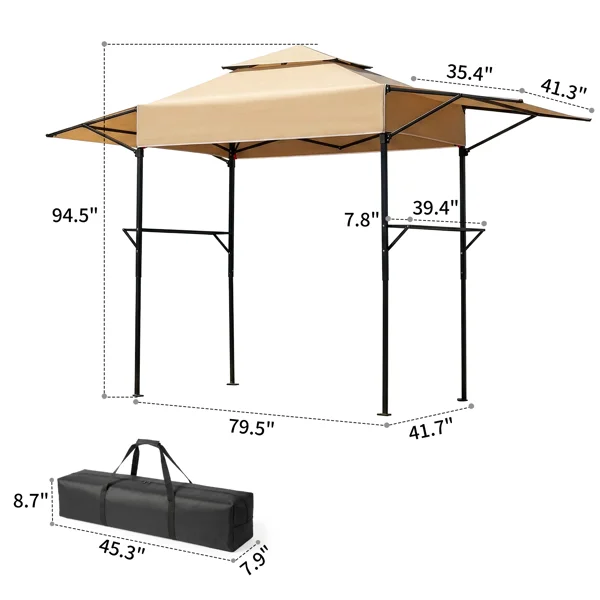 3.3x12.5FT Double Top Grill Gazebo, Khaki Polyester BBQ Canopy with Adjustable Side Sunshades, Black Powder Coated Folding Frame, Dual Mesh Trays & Carry Bag view 4