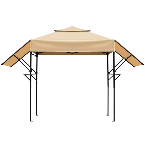 3.3x12.5FT Double Top Grill Gazebo, Khaki Polyester BBQ Canopy with Adjustable Side Sunshades, Black Powder Coated Folding Frame, Dual Mesh Trays & Carry Bag