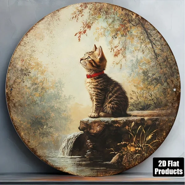 CIFbuy Vintage Tabby Cat Wall Art, "" Tabby Cat Wall Art, Wall Art, Round Kitten Plaque with Waterfall Stream(TikTok, Temu Self-pickup Logireics) view 4