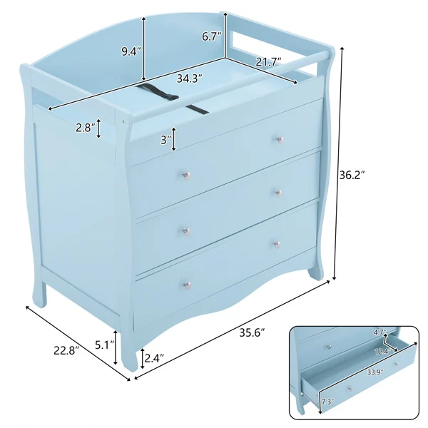 Blue painted finish, MDF, three drawers, 90.5*58*92cm, children's wooden bed with safety belt and changing table for babies view 3
