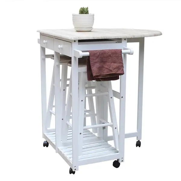 Foldable With Wooden Handle Semicircle Dining Cart With Round Stools White view 2