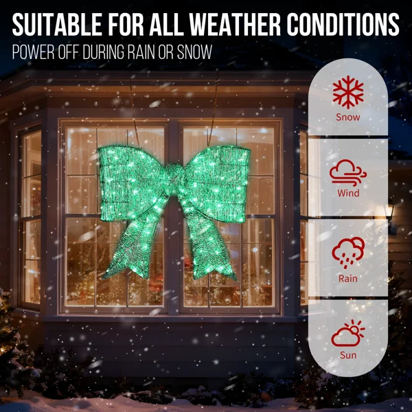 Pre-lit Outdoor Giant Bowknot Christmas Decoration, Lighted Metal Frame with 124 Green LED Lights, for Front Door Gate Wall Indoor Outdoor Holiday Party, Green view 2