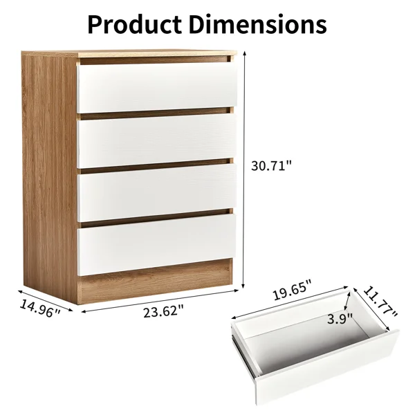 Handle-Free 4-Drawer Storage Cabinet Color-Block Drawer Dresser 23.62*14.96*30.71in Wood-Tone Cabinet Body + White Drawer Fronts view 5
