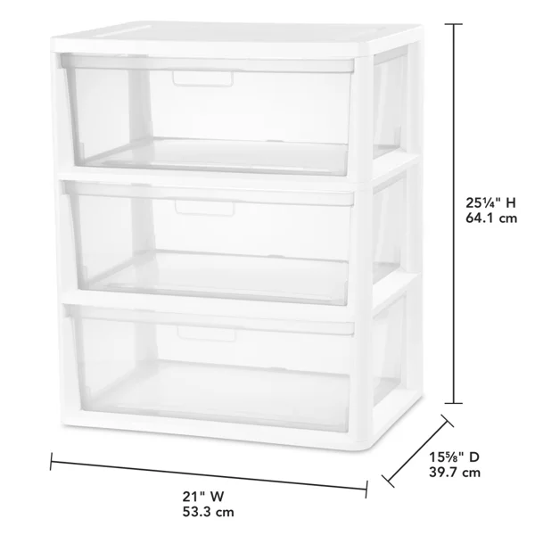 (2 pack) Wide 3 Drawer Tower, Plastic Storage Organizer with Removable Clear Bins, Easy to Assemble - No Tools Needed, White view 2