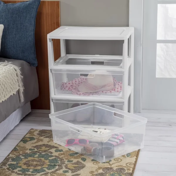 (2 pack) Wide 3 Drawer Tower, Plastic Storage Organizer with Removable Clear Bins, Easy to Assemble - No Tools Needed, White view 6