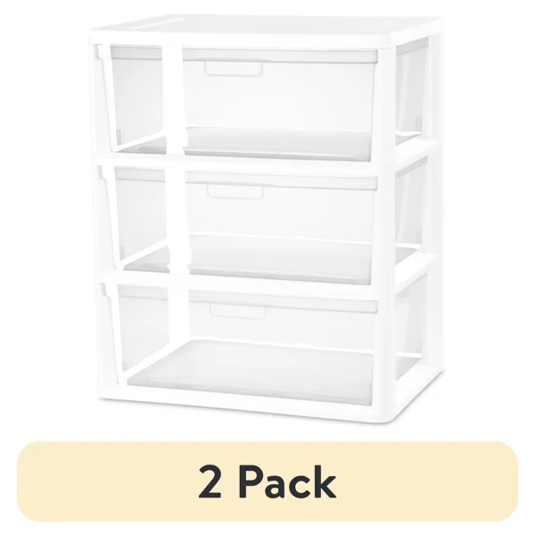 (2 pack) Wide 3 Drawer Tower, Plastic Storage Organizer with Removable Clear Bins, Easy to Assemble - No Tools Needed, White