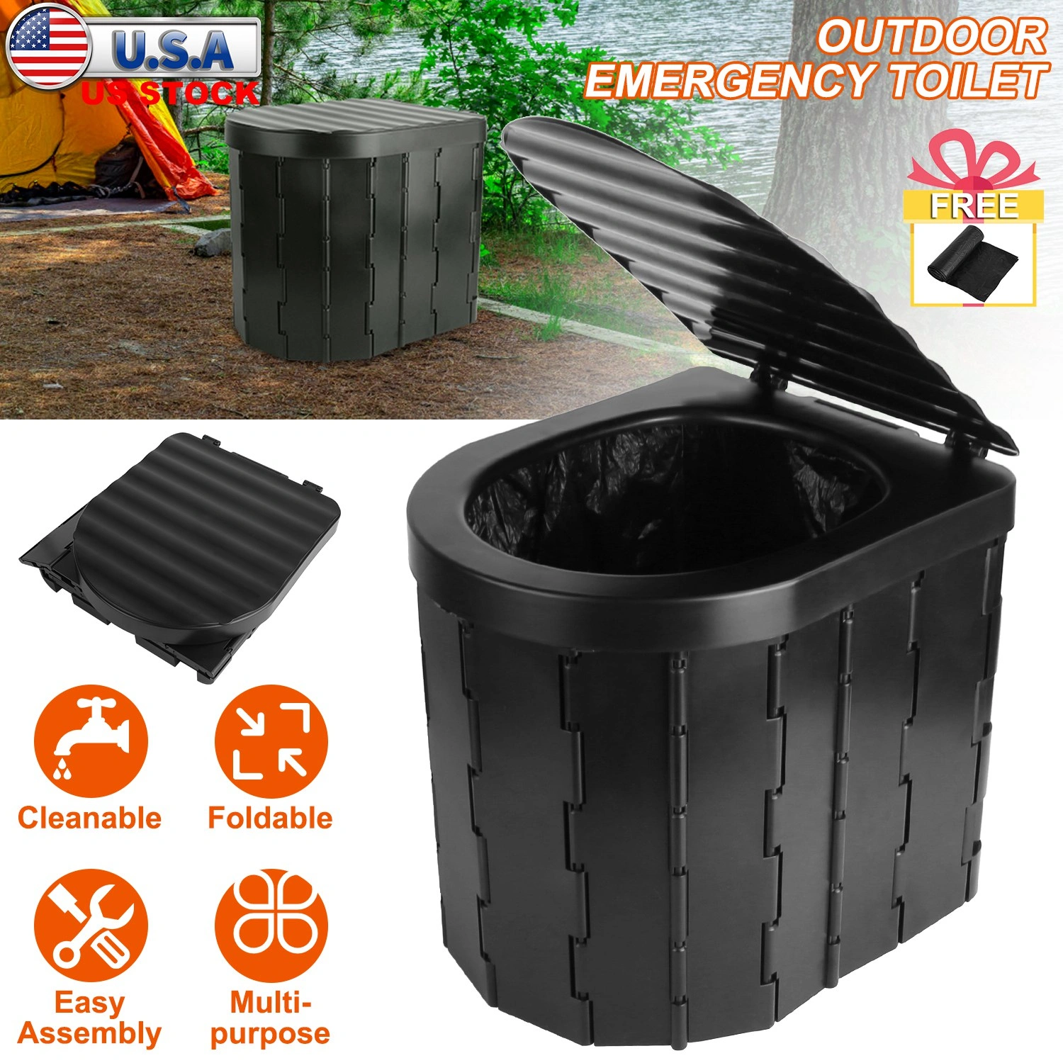 Portable Camping Toilet for Adults - Folding Privacy Toilet with Lid & Carry Bag, Includes 1 Roll Garbage Bags