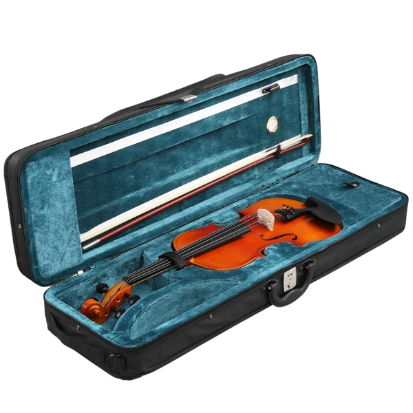 Brand new 4/4 acoustic matte tiger stripe violin set includes phonetic symbols sticker, tuner, string set, shoulder rest, rosin, bow, and premium gift box. view 6