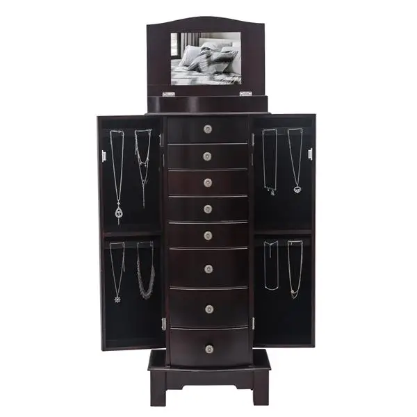 Jewelry Armoire with Mirror, 8 Drawers & 16 Necklace Hooks, 2 Side Swing Doors (Brown) view 6