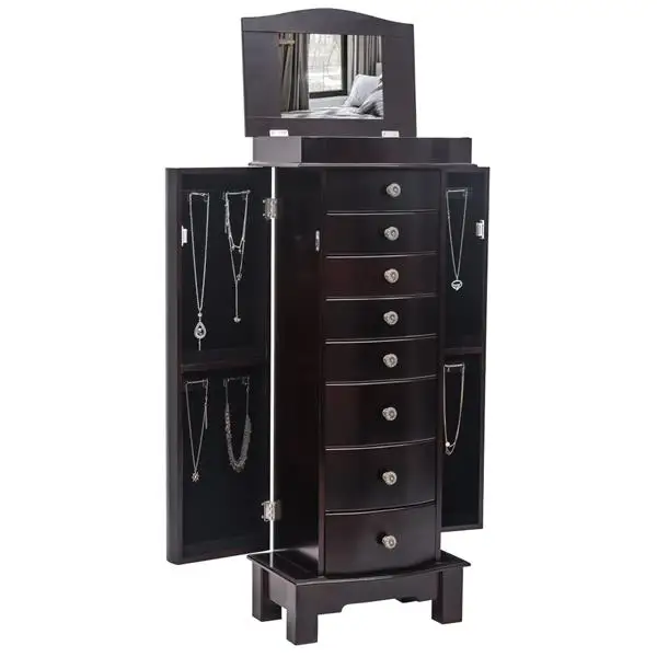 Jewelry Armoire with Mirror, 8 Drawers & 16 Necklace Hooks, 2 Side Swing Doors (Brown)