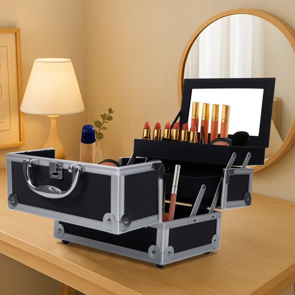 Portable Diamond Texture Aluminum Makeup Storage Bag with Mirror & Key Black view 2