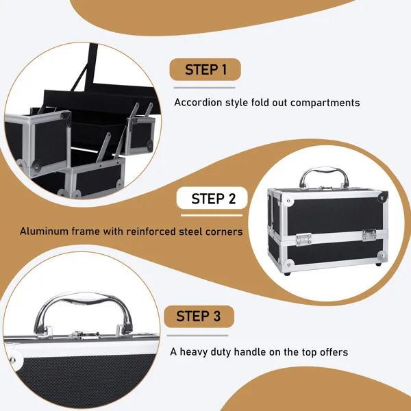 Portable Diamond Texture Aluminum Makeup Storage Bag with Mirror & Key Black view 4