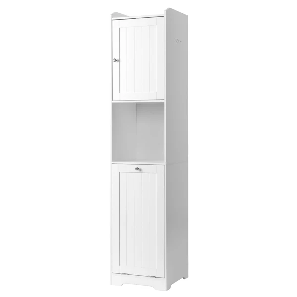 White melamine-faced particleboard, vertical grain, 40*40*180cm, 1 door + bottom flip-down drawer with non-woven storage bag, bathroom tall cabinet view 2