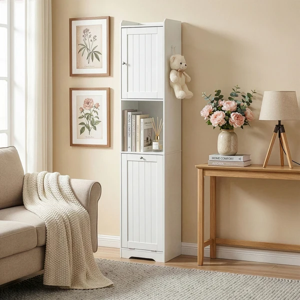 White melamine-faced particleboard, vertical grain, 40*40*180cm, 1 door + bottom flip-down drawer with non-woven storage bag, bathroom tall cabinet view 5