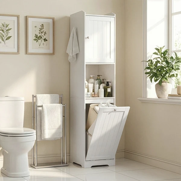 White melamine-faced particleboard, vertical grain, 40*40*180cm, 1 door + bottom flip-down drawer with non-woven storage bag, bathroom tall cabinet