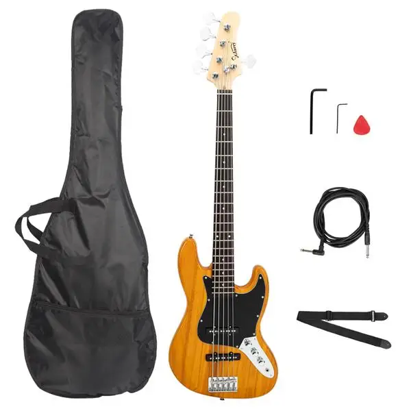 Gjazz Electric 5 String Bass Guitar Full Size Bag Strap Pick Connector Wrench Tool Transparent Yellow view 2