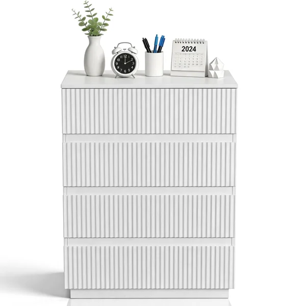 Handleless Grille-Finished 4-Drawer Bedside Table P2 Particleboard + MDF & Melamine Veneer + Thermoformed Drawer Dresser 23.62*14.96*30.71in White view 2