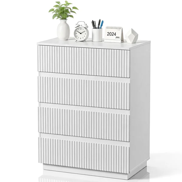 Handleless Grille-Finished 4-Drawer Bedside Table P2 Particleboard + MDF & Melamine Veneer + Thermoformed Drawer Dresser 23.62*14.96*30.71in White view 4