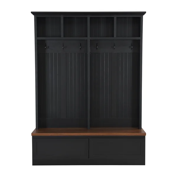 Farmhouse 4-in-1 Hall Tree with Wood Grain Bench, Mudroom Versatile Coat Rack with 2 Large Drawer, Entrance Organizer for Hallway, Living Room, Black, 55.9"W