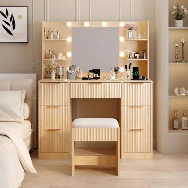 Oak-colored particleboard with a 7-drawer, 4-shelf dressing table set with 10 three-tone light bulbs, power strip, and grille.