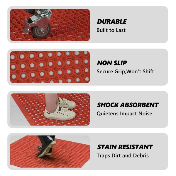 1PC Red Rubber Anti-Fatigue Kitchen Mat, 90x90x1.2cm, Thick Non-Slip Floor Mat view 3