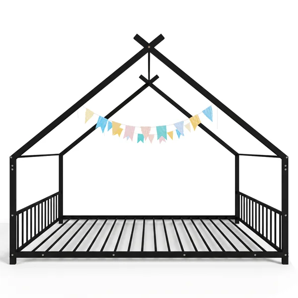 Full Size Metal House Bed Frame, Montessori Floor Bed with Safety Side Guard Rails, No Box Spring Needed, House-Shaped Platform Bed for Kids Toddlers Boys Girls, Black view 2