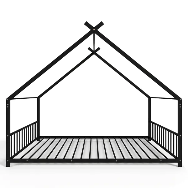 Full Size Metal House Bed Frame, Montessori Floor Bed with Safety Side Guard Rails, No Box Spring Needed, House-Shaped Platform Bed for Kids Toddlers Boys Girls, Black view 3