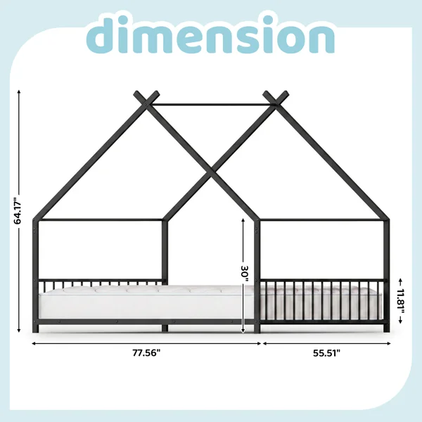 Full Size Metal House Bed Frame, Montessori Floor Bed with Safety Side Guard Rails, No Box Spring Needed, House-Shaped Platform Bed for Kids Toddlers Boys Girls, Black view 4