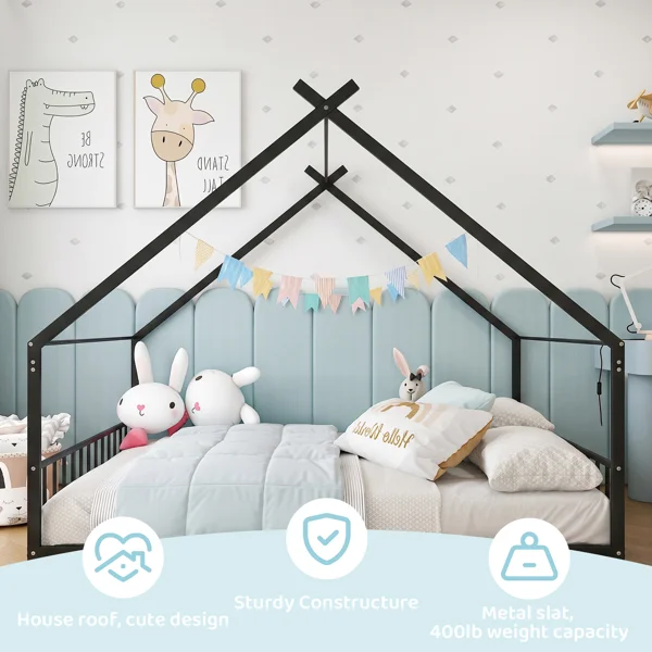 Full Size Metal House Bed Frame, Montessori Floor Bed with Safety Side Guard Rails, No Box Spring Needed, House-Shaped Platform Bed for Kids Toddlers Boys Girls, Black view 6