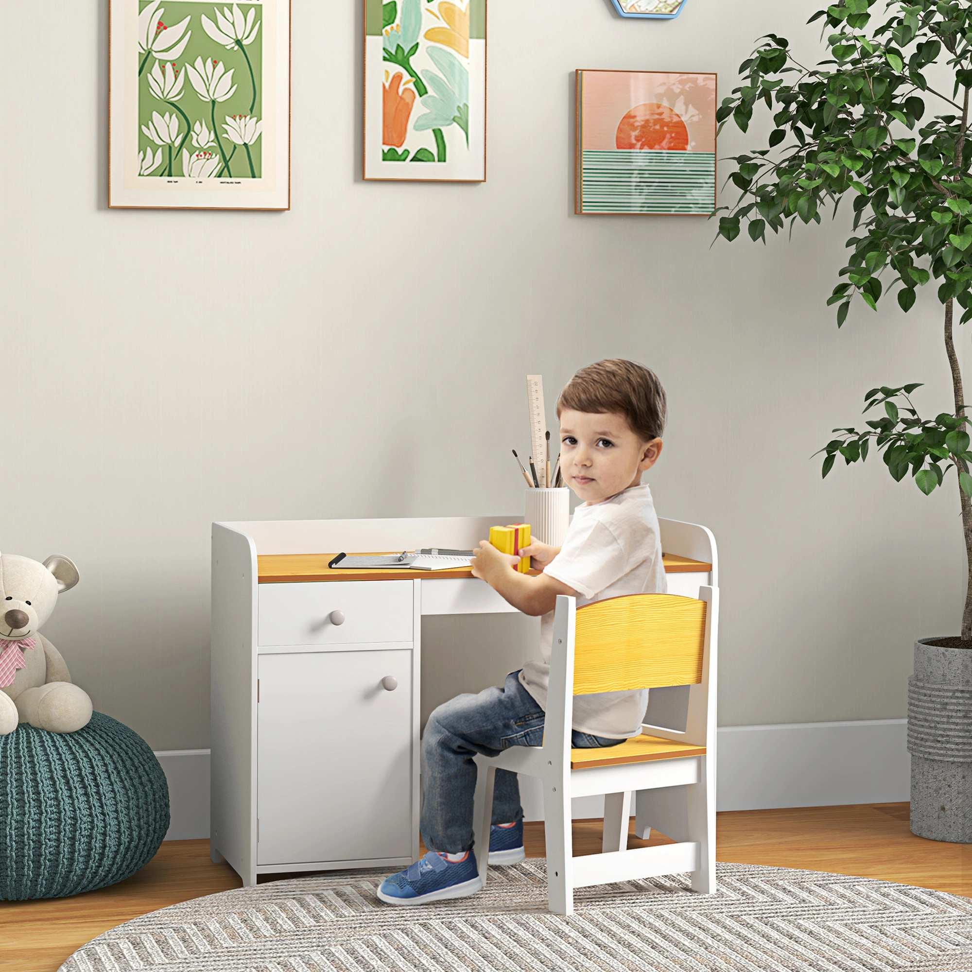 Kids Desk and Chair Set, Adjustable Height Study Table and Seat Combo with Storage Shelf, Ergonomic Home Learning Furniture for Bedroom