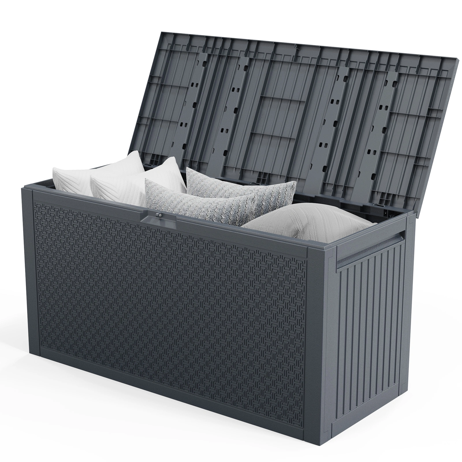 90 Gallon Outdoor Deck Box Storage, Lockable Plastic Garden Bench Seat for Tools Cushions Toys Patio, Weather Resistant
