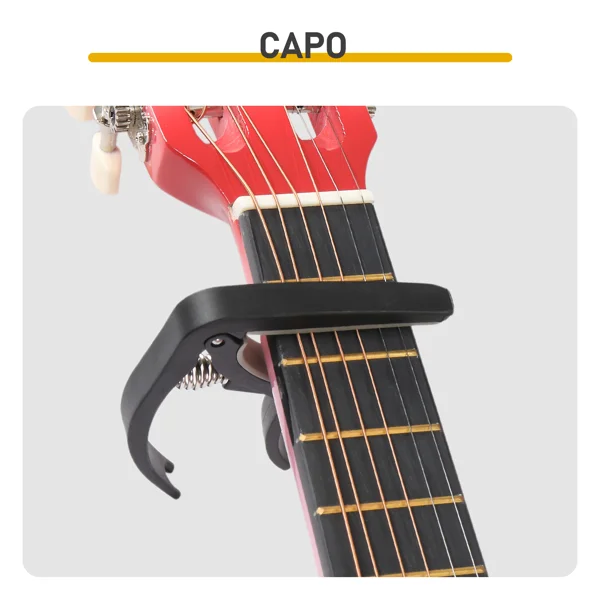 Pink 30-inch acoustic guitar with pick, strings, capo, gig bag, tuner and shoulder strap view 5