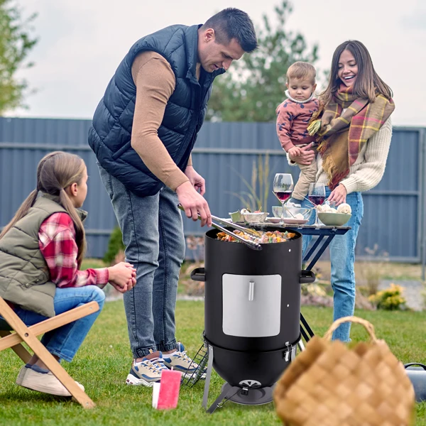 Vertical Steel Charcoal Smoker, Heavy Duty Three Layer Round BBQ Grill Smokey Mountain Cooker for Outdoor Cooking, Black view 6