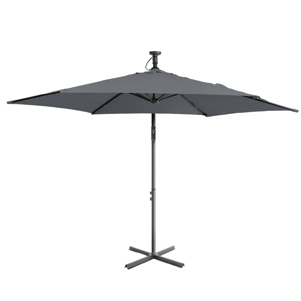 10FT Round Banana Hanging Patio Umbrella with 18 LED Lights, 6 Iron Ribs, Iron Straight & Curved Pole, Waterproof Polyester Canopy, with Stand Sleeve and Cross Base, Gray view 3