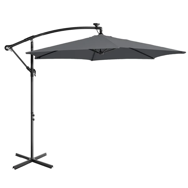 10FT Round Banana Hanging Patio Umbrella with 18 LED Lights, 6 Iron Ribs, Iron Straight & Curved Pole, Waterproof Polyester Canopy, with Stand Sleeve and Cross Base, Gray view 4